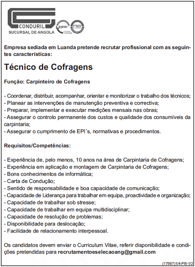 Vaga Para Técnico De Cofragens 