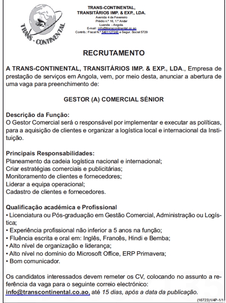 VAGA PARA GESTOR (A) COMERCIAL SÉNIOR 