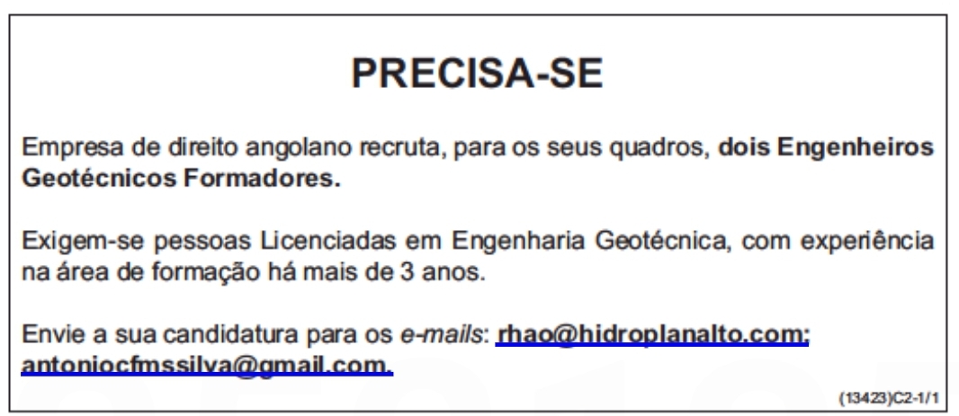 Vaga para dois (2) Engenheiros Geotécnicos Formadores