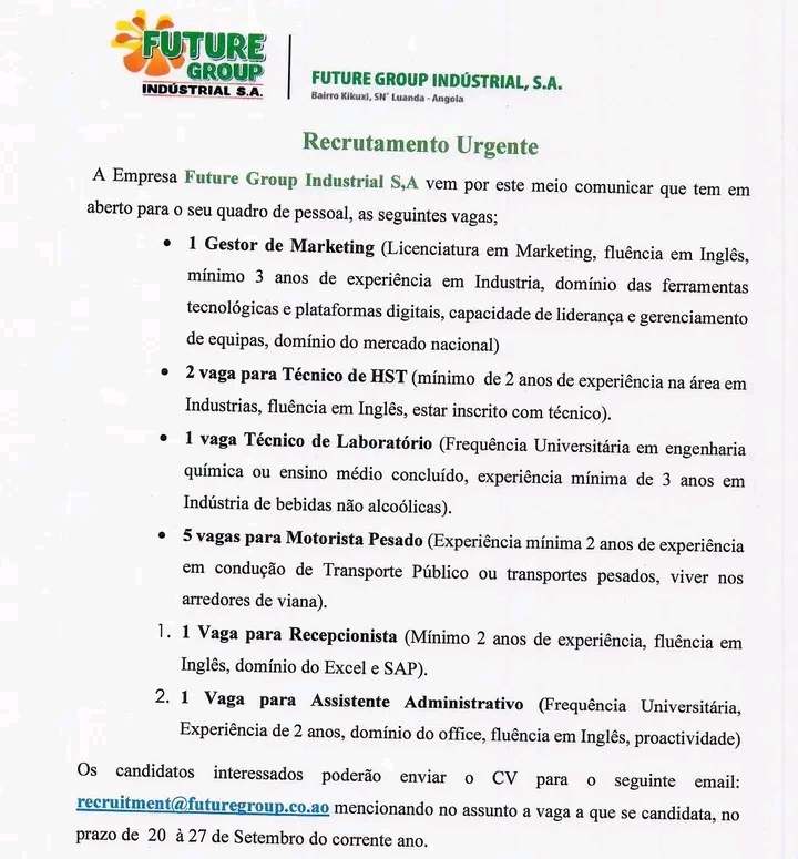 Abertas onze (11) vagas de emprego na empresa Future Group Industrial S,A em diversas áreas  