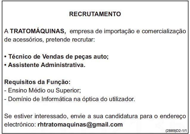 Vaga para Técnico de Vendas de peças auto &  Assistente Administrativa