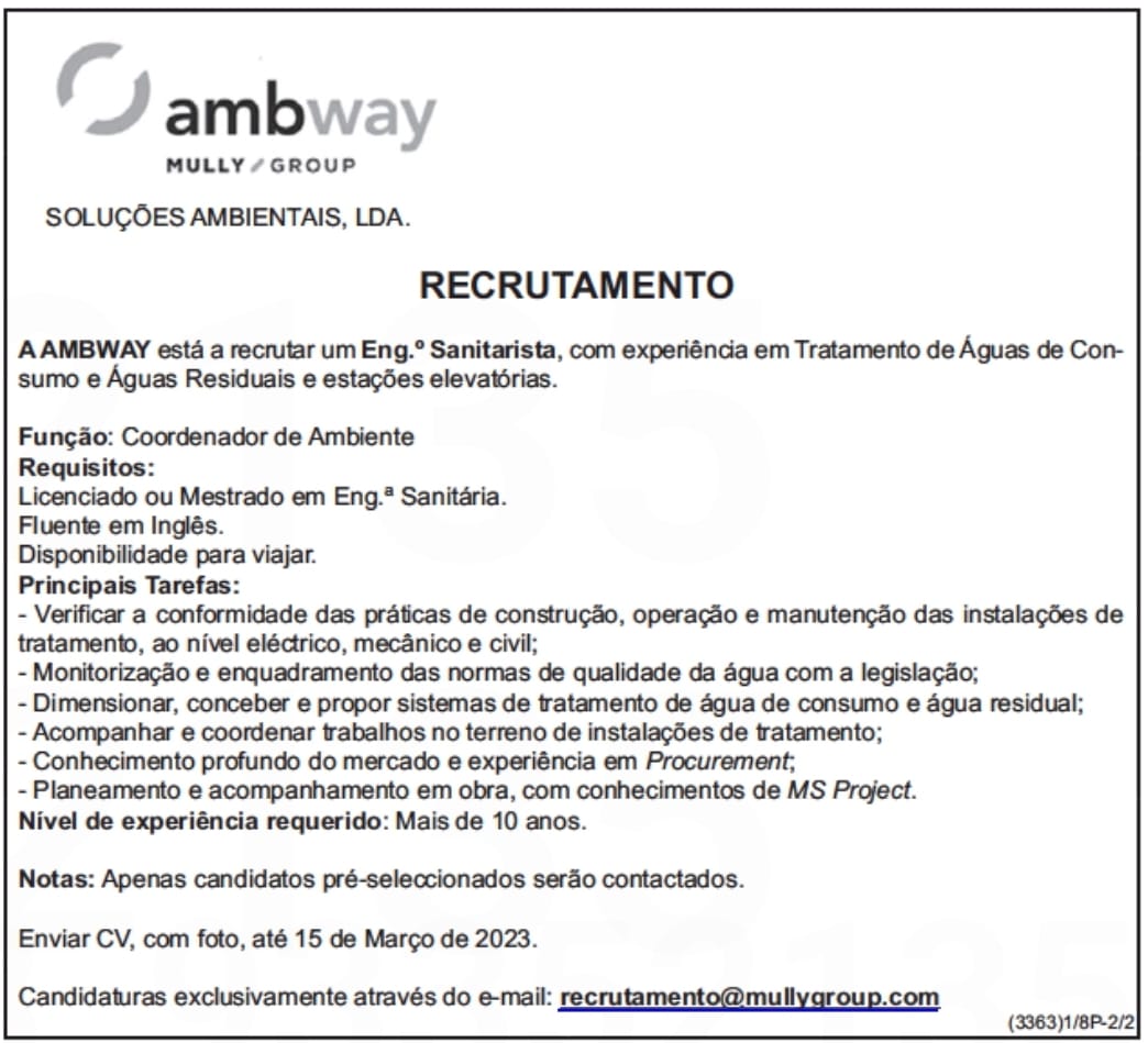 VAGA PARA ENGENHEIRO SANITARISTA 