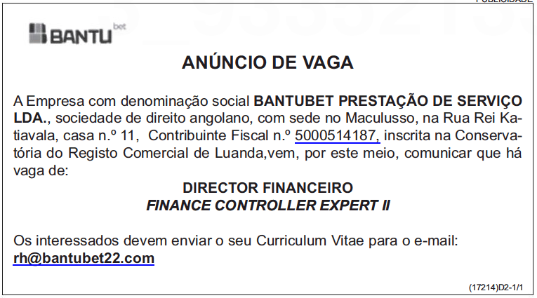 VAGA DE  DIRECTOR FINANCEIRO- FINANCE CONTROLLER EXPERT II 
