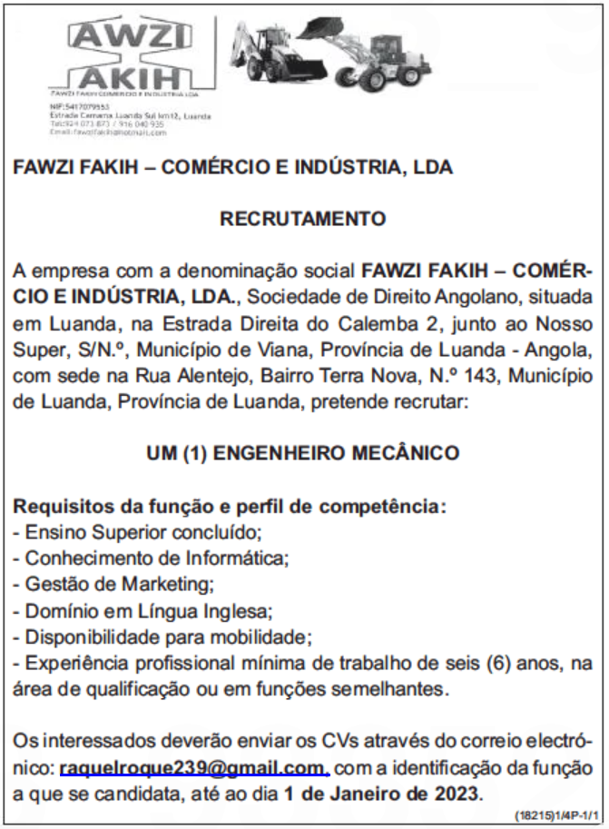 VAGA PARA UM (1) ENGENHEIRO MECÂNICO