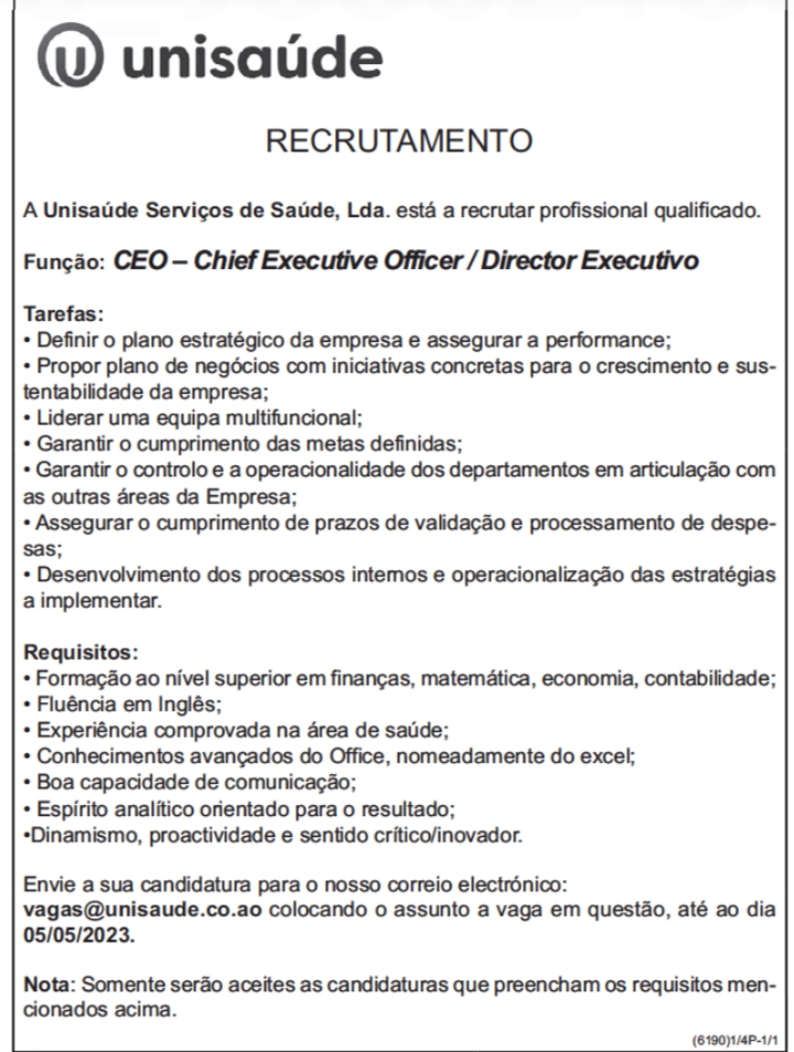 Vaga disponível para CEO — Chief Executive Officer / Director Executivo 