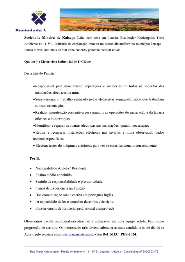 Vaga para Quatro (4) Electricista Industrial de 1ª Classe