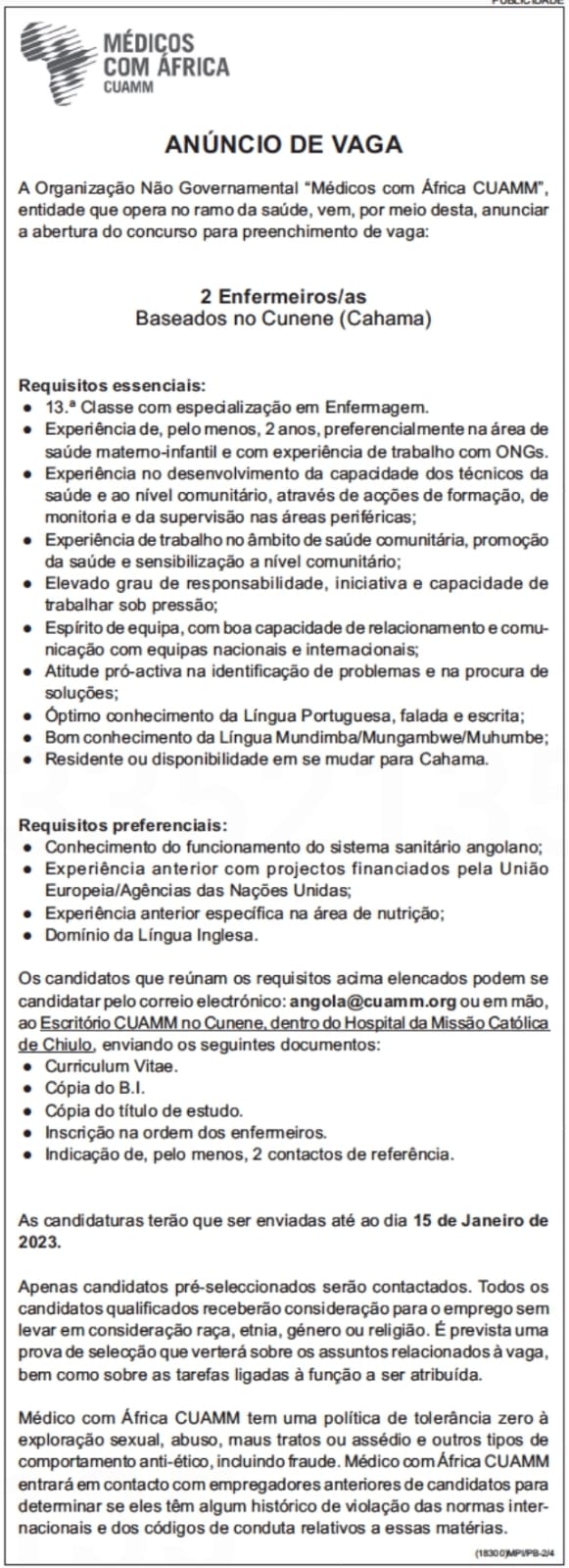 (2 ) Vagas Para Enfermeiros/as Baseados No Cunene (Cahama) 