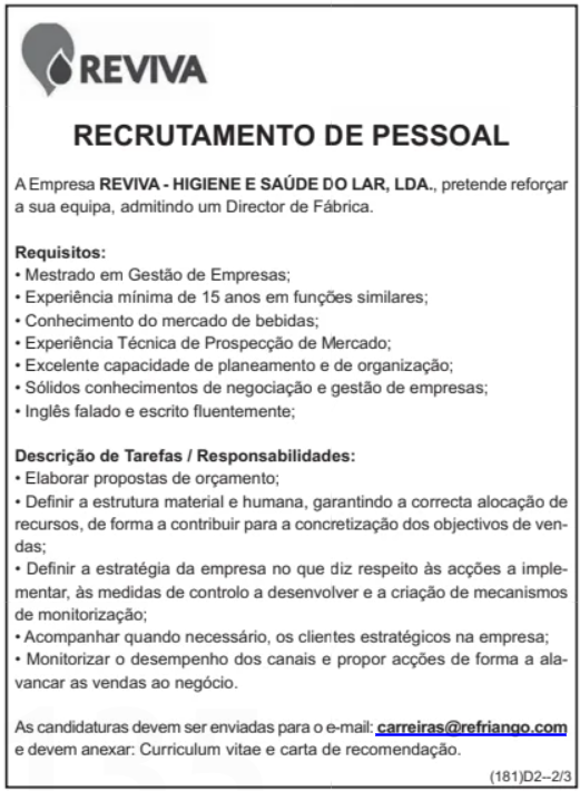 Vaga para Director de Fábrica