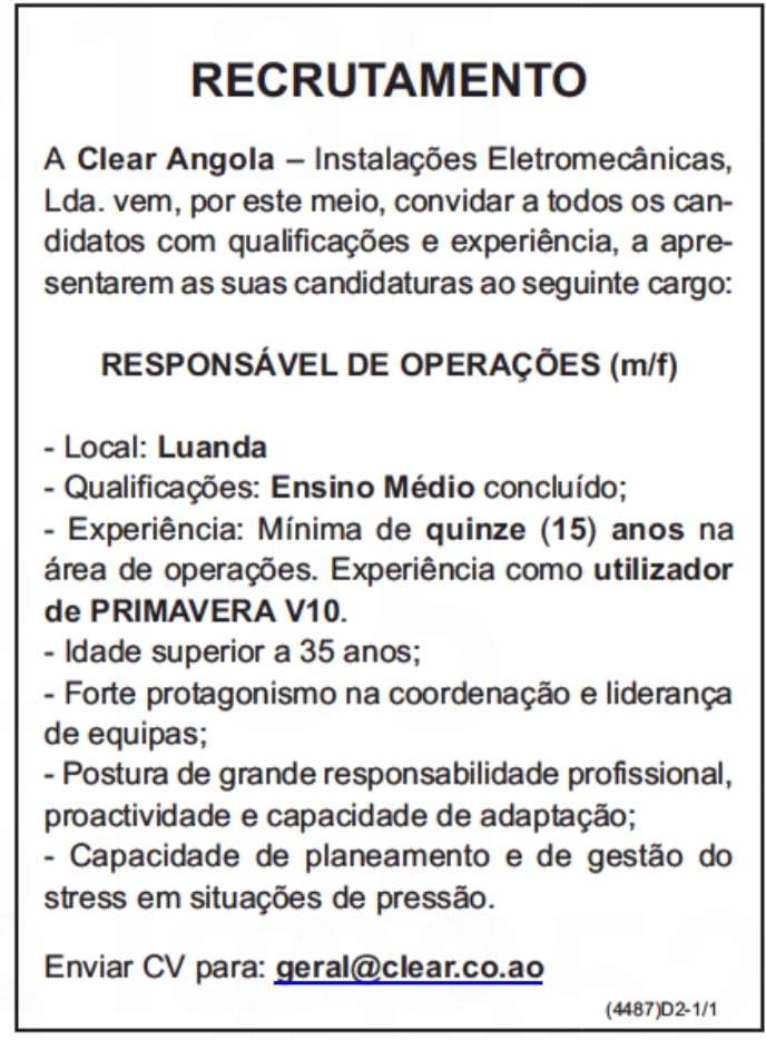 VAGA PARA RESPONSÁVEL DE OPERAÇÕES (m/f)