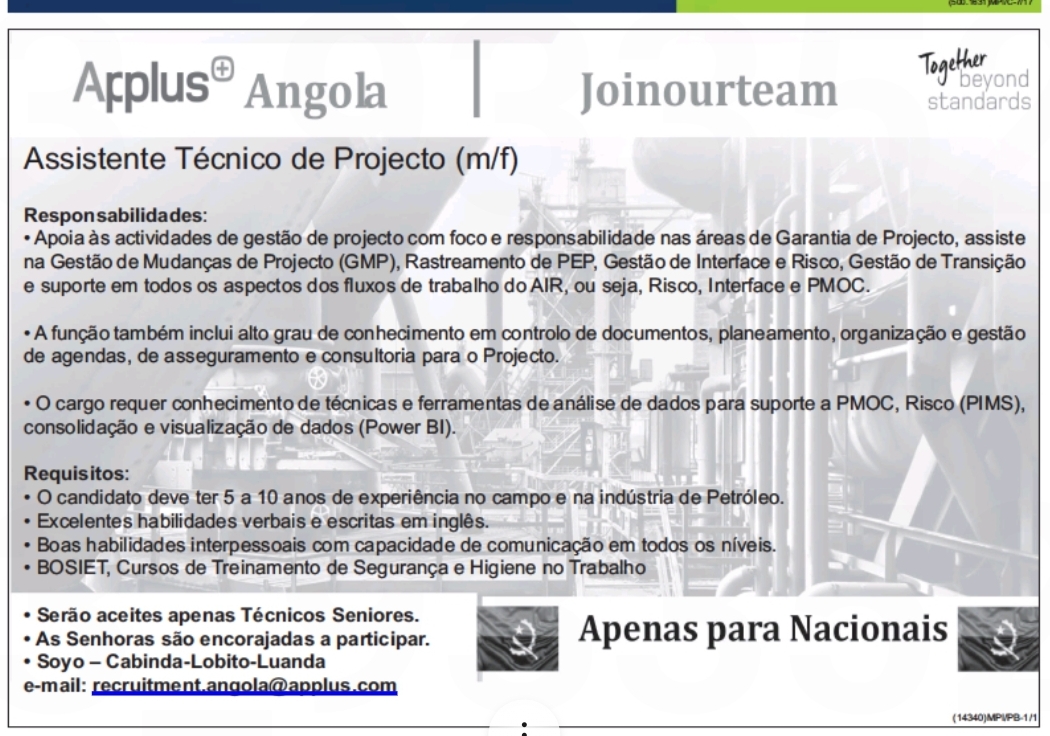 VAGA PARA ASSISTENTE TÉCNICO DE PROJETO (M/F)