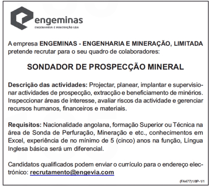 VAGA PARA SONDADOR DE PROSPECÇÃO MINERAL 