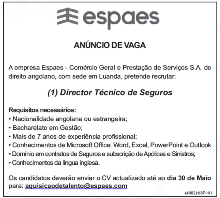 Vaga para um (1) Director Técnico de Seguros 