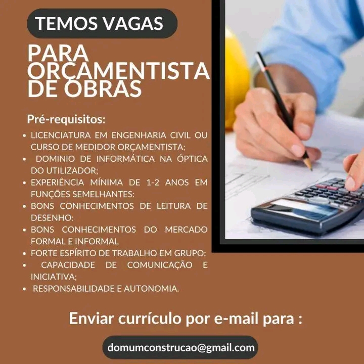 VAGA PARA ORÇAMENTISTA DE OBRAS