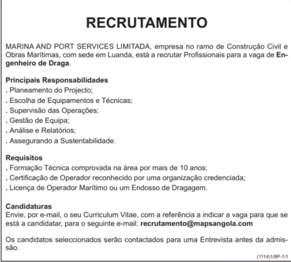 Vaga para Engenheiro de Draga
