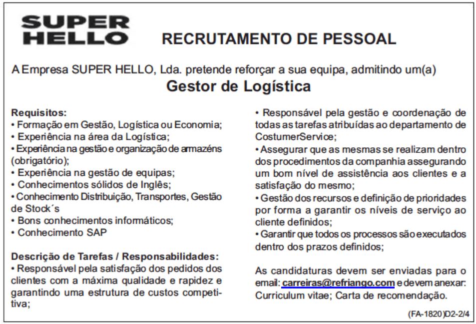 Vaga para Gestor de Logística
