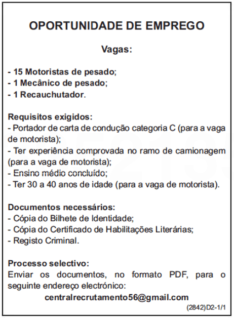 DEZASSETE (17) VAGAS PARA MOTORISTAS DE PESADOS, MECÂNICOS DE PESADOS E RECAUCHUTADOR