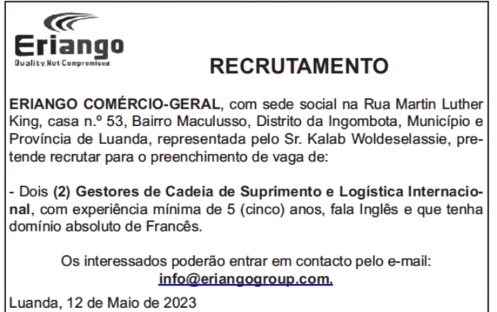 Vaga Para Dois (2) Gestores De Cadeia De Suprimento E Logística Internacional