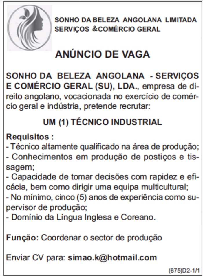 VAGA PARA UM (1) TÉCNICO INDUSTRIAL 
