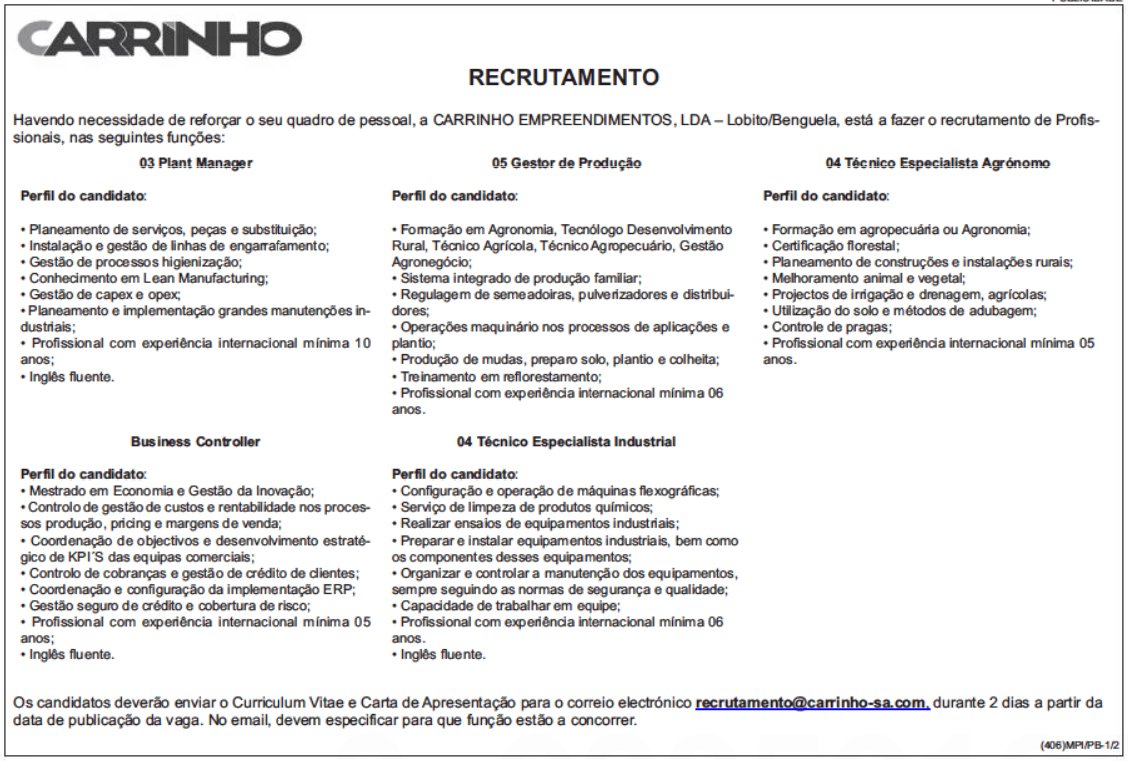 DIVERSAS VAGAS DISPONÍVEIS NA CARRINHO EMPREENDIMENTOS, LDA PARA 2023