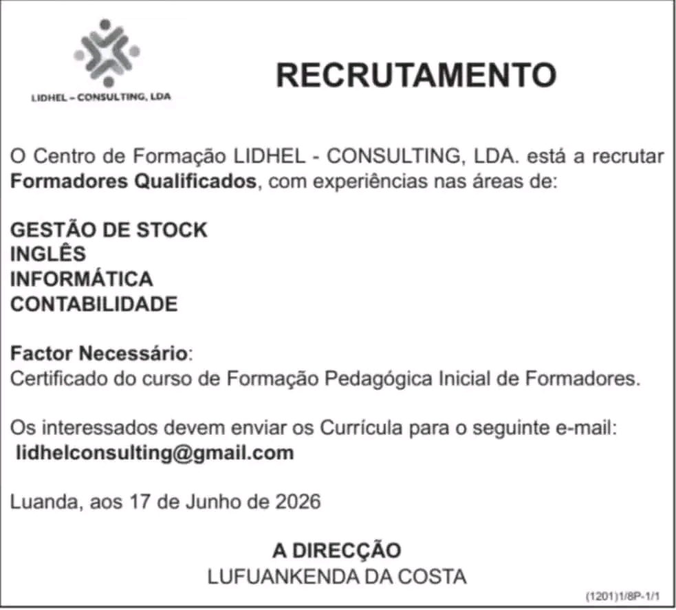 Vaga para Formadores Qualificados — Gestão de Stock, Inglês, Informática e Contabilidade