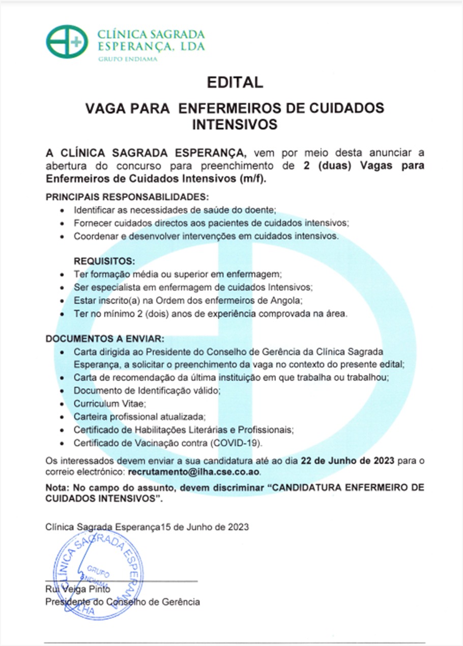 2 (DUAS) VAGAS DISPONÍVEIS PARA ENFERMEIROS DE CUIDADOS INTENSIVOS 