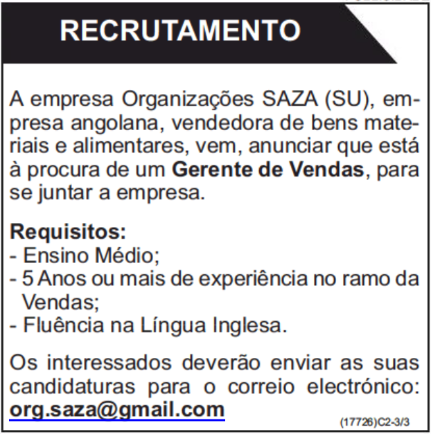 VAGA PARA UM (1) GERENTE DE VENDAS 