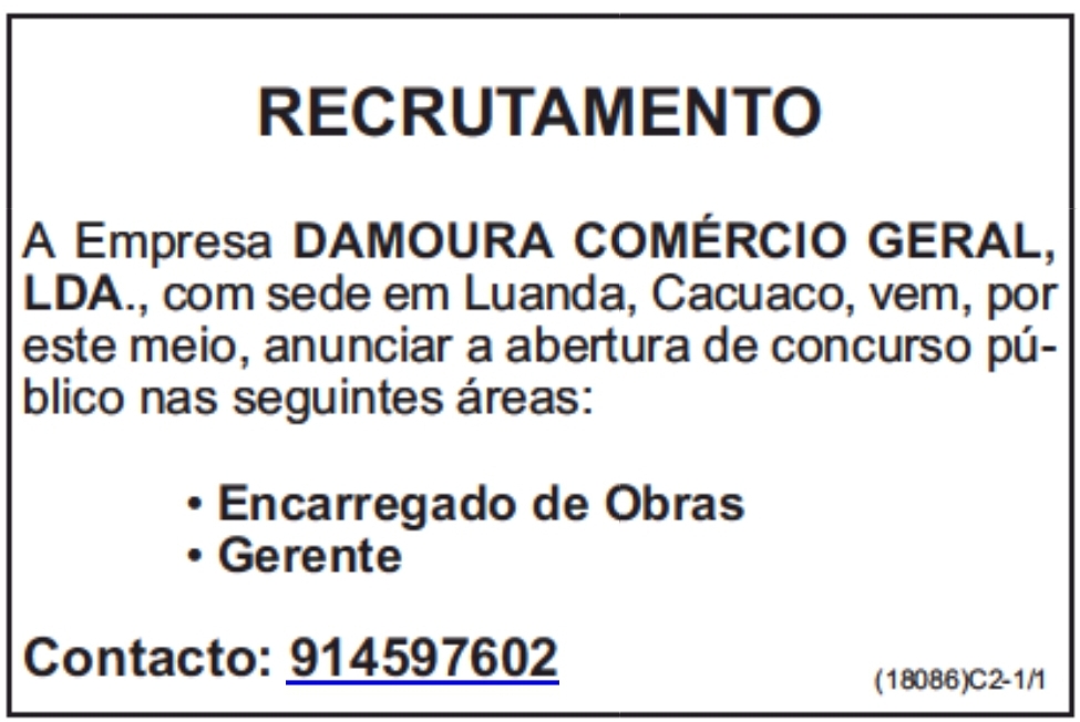 OPORTUNIDADE DE EMPREGO NA DAMOURA COMÉRCIO GERAL- LDA