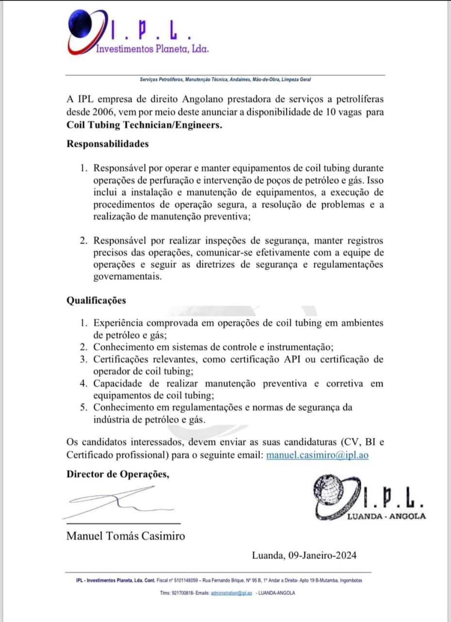 Abertas dez (10) vagas para  técnicos/engenheiros de tubos de bobina