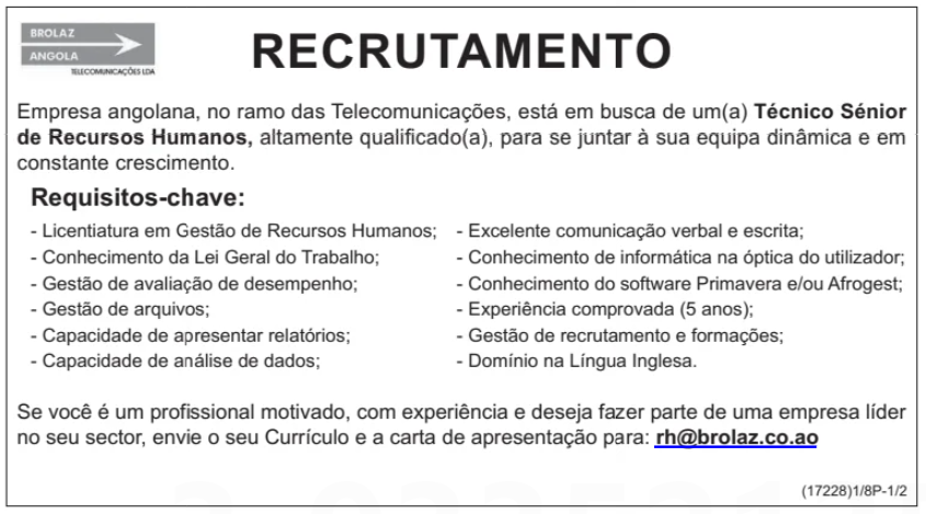 Vaga para Técnico Sénior de Recursos Humanos