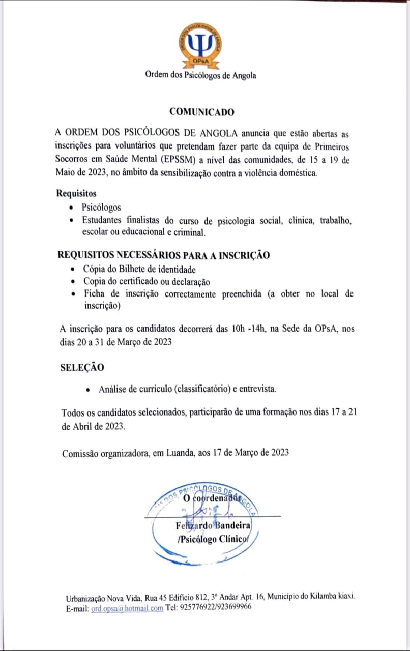 OPORTUNIDADE DE ESTÁGIO PARA RECÉM FORMADOS EM PSICOLOGIA