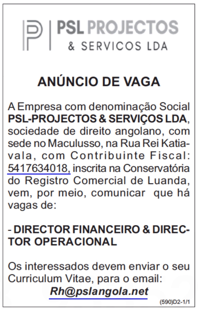 VAGA PARA DIRECTOR FINANCEIRO & DIRECTOR OPERACIONAL 