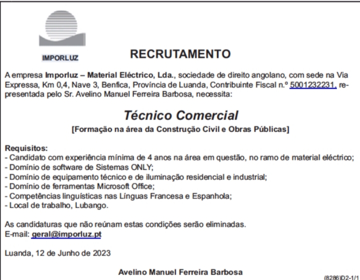 VAGA PARA TÉCNICO COMERCIAL