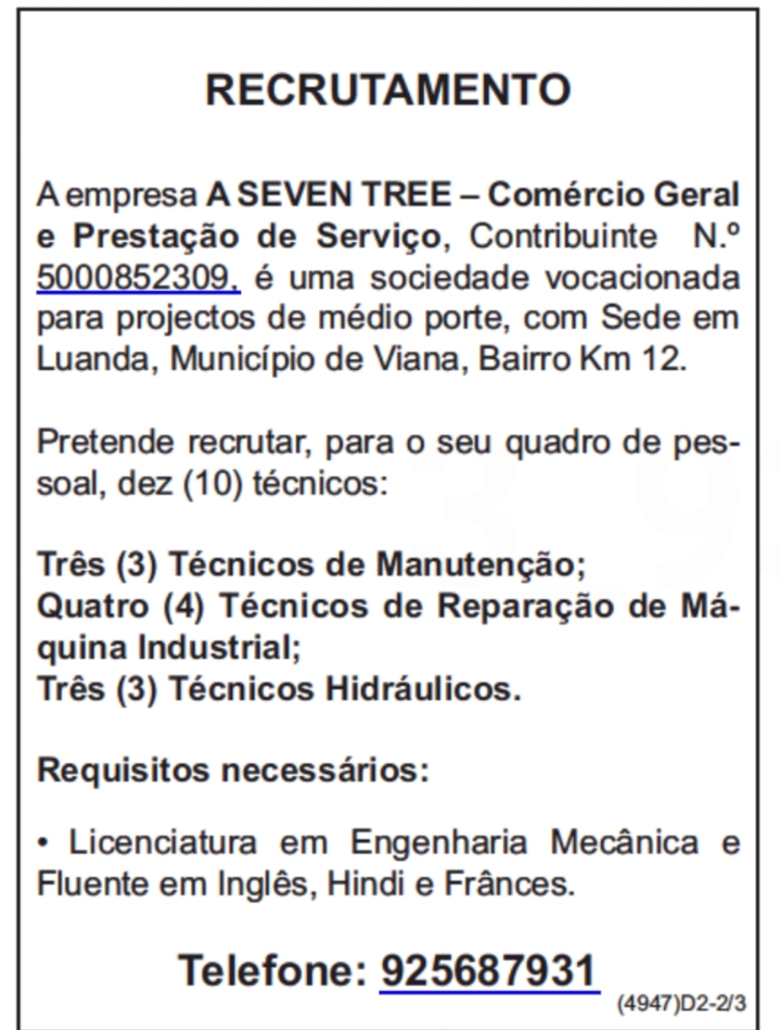 DEZ(10) VAGAS DISPONÍVEIS NA SEVEN TREE