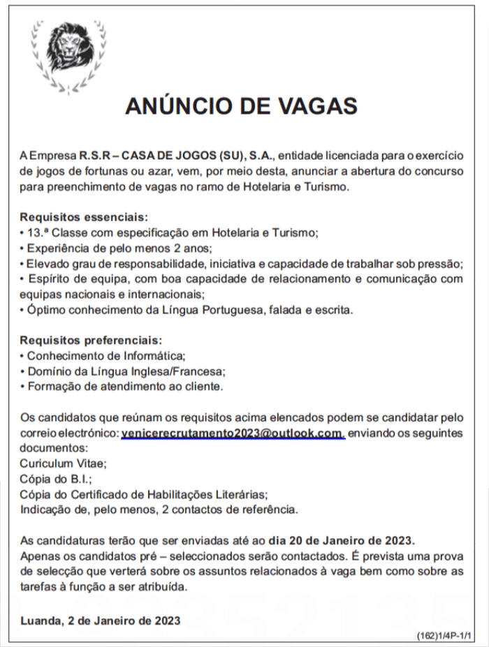 VAGAS DISPONÍVEIS PARA O RAMO DE HOTELARIA & TURISMO