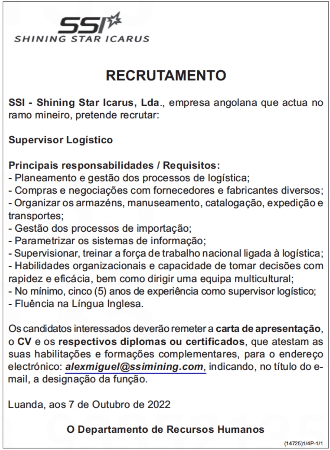 Vaga para Supervisor Logístico