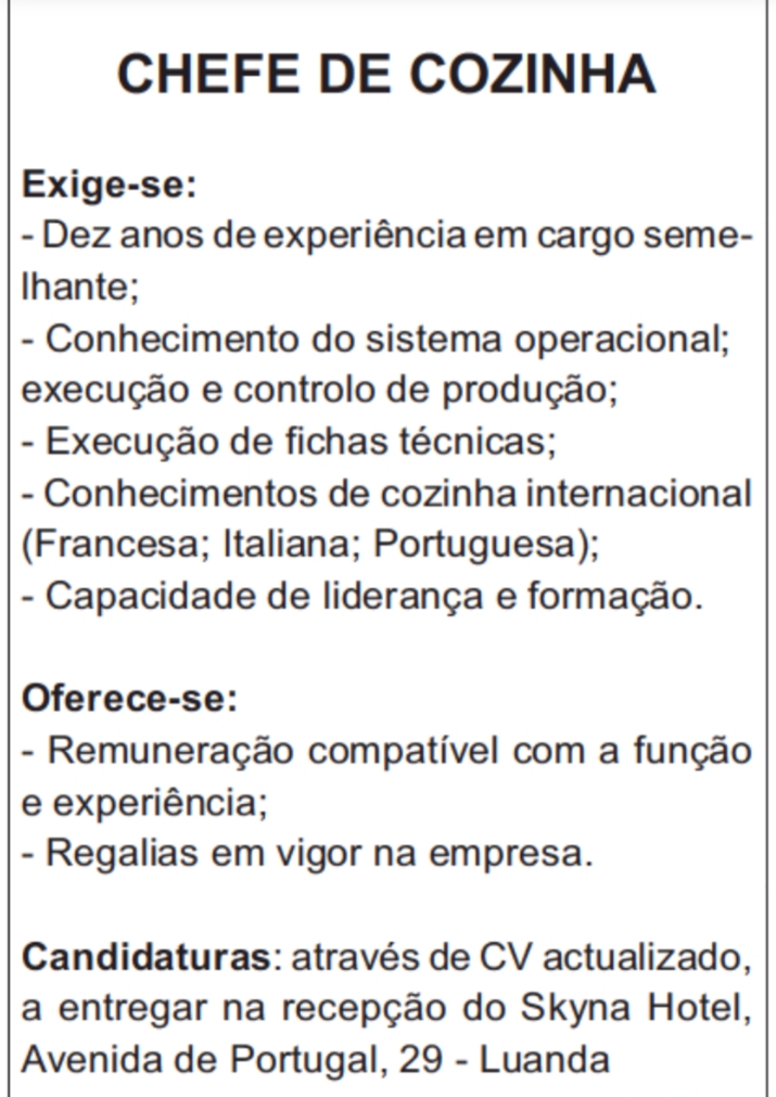 VAGA PARA CHEFE DE COZINHA 