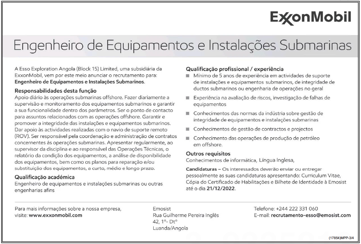 VAGA PARA ENGENHEIRO DE EQUIPAMENTO E INSTALAÇÕES SUBMARINAS