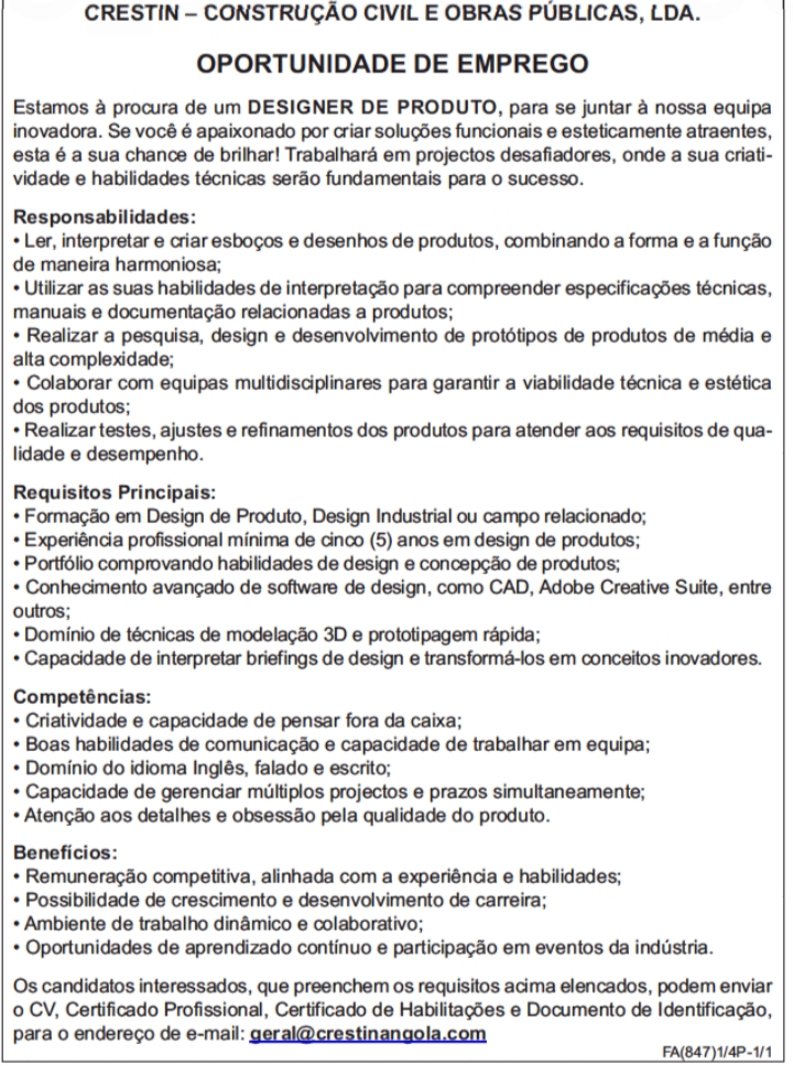 VAGA PARA UM(1) DESIGNER DE PRODUTO