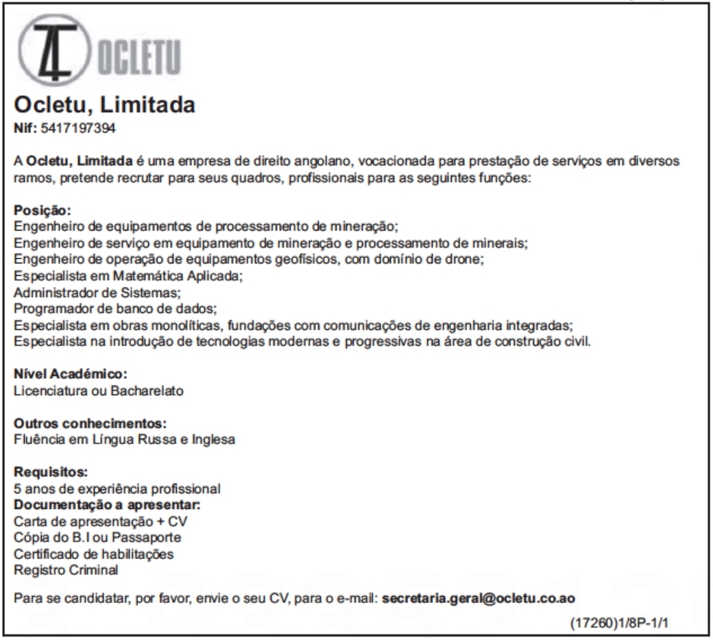 Oito(8) Vagas Disponíveis  Na Ocletu - Limitada