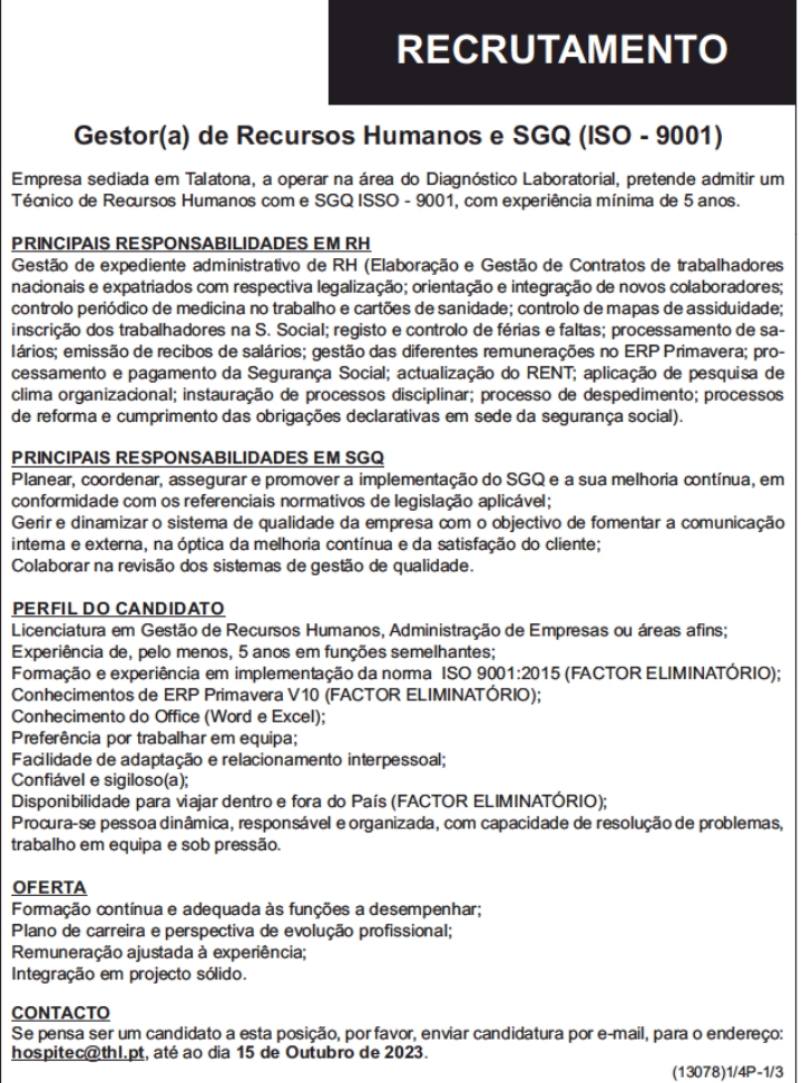 Vaga para Gestor(a) de Recursos Humanos e SGQ (ISO - 9001) 