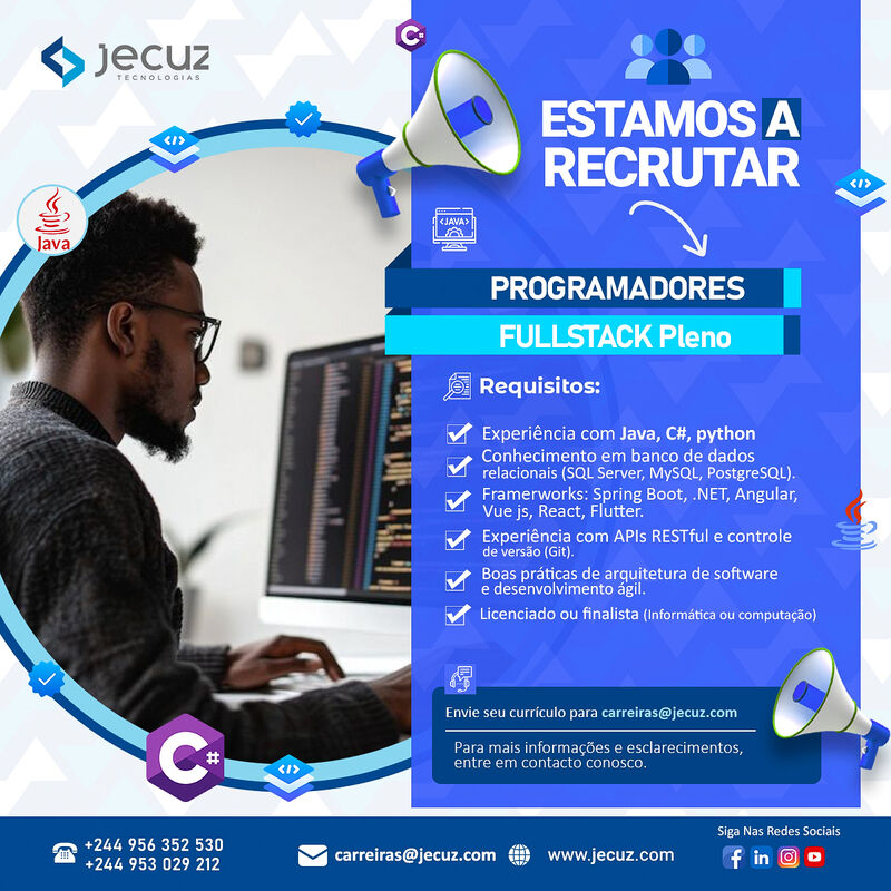 Estamos a recrutar Programadores Fullstack Pleno