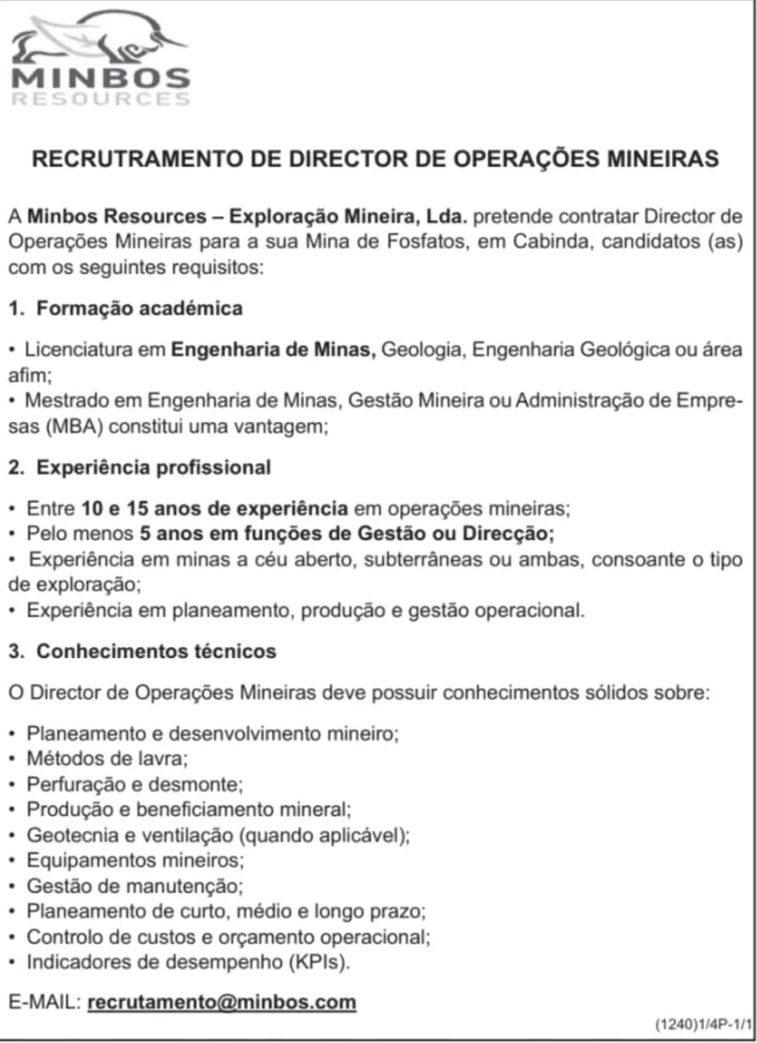 Vaga para Director de Operações Mineiras