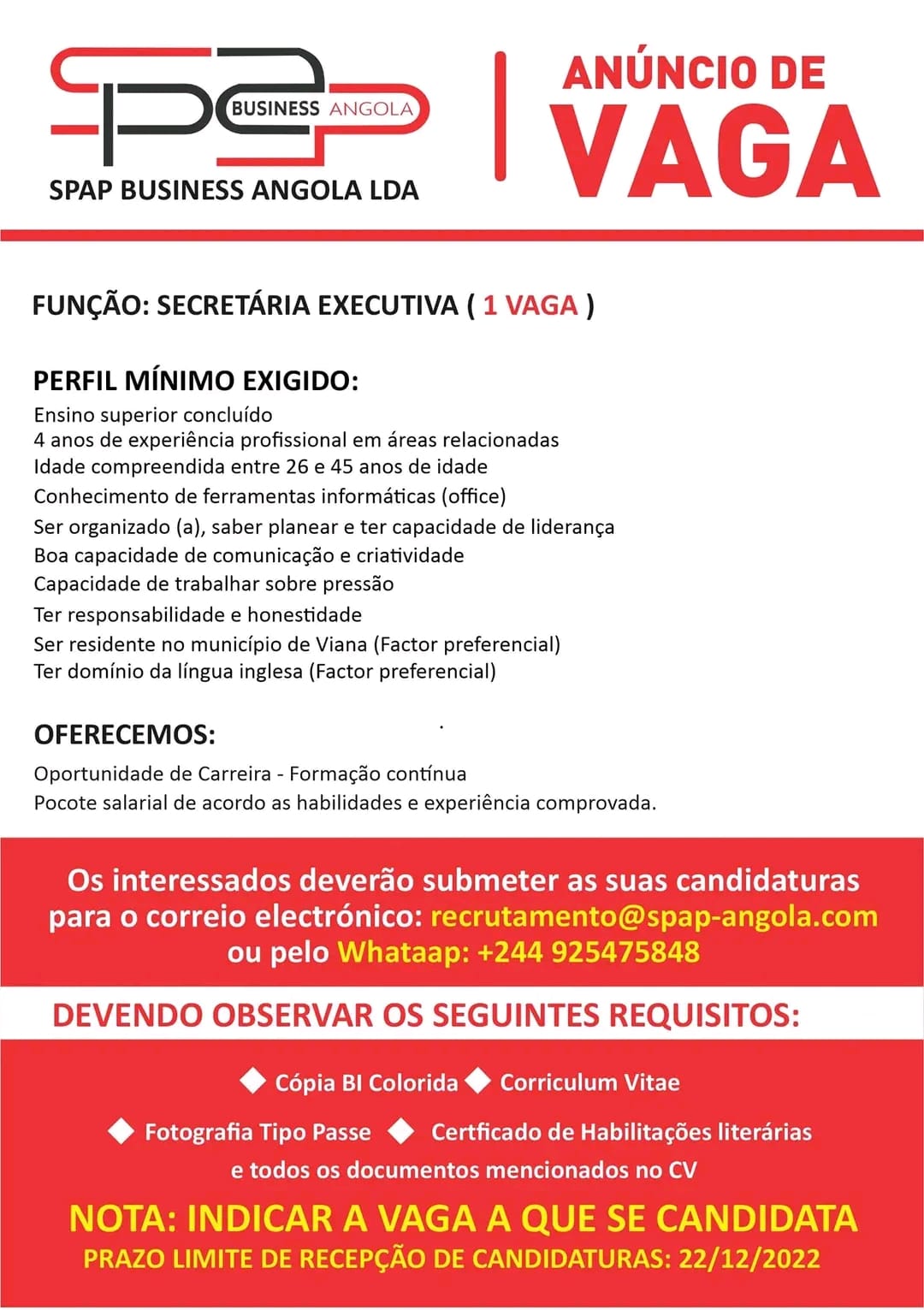 UMA (1) VAGA PARA SECRETÁRIA EXECUTIVA