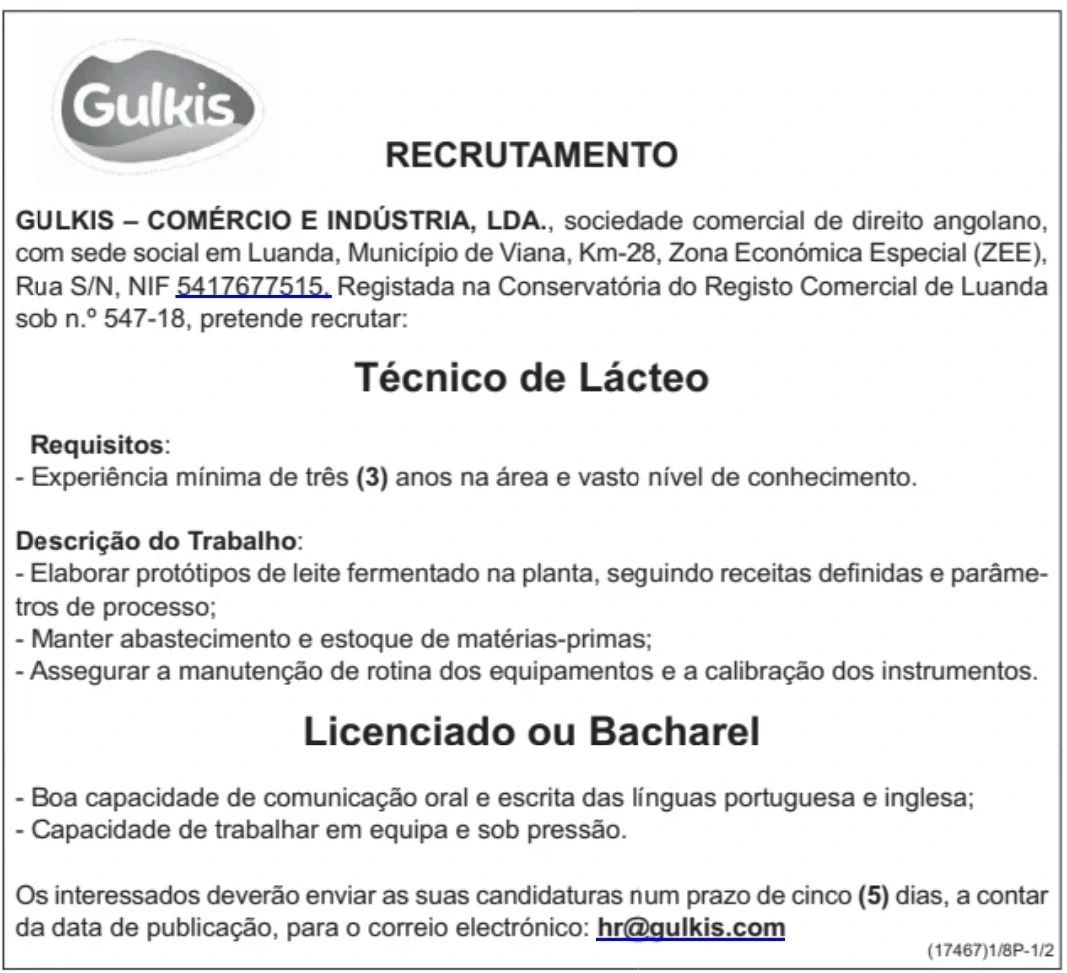 Vaga para Técnico de Lácteo