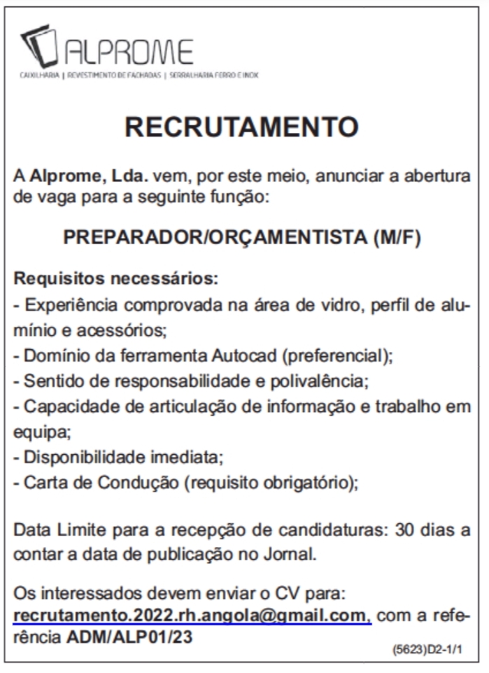 VAGA PARA PREPARADOR/ORÇAMENTISTA (M/F) 