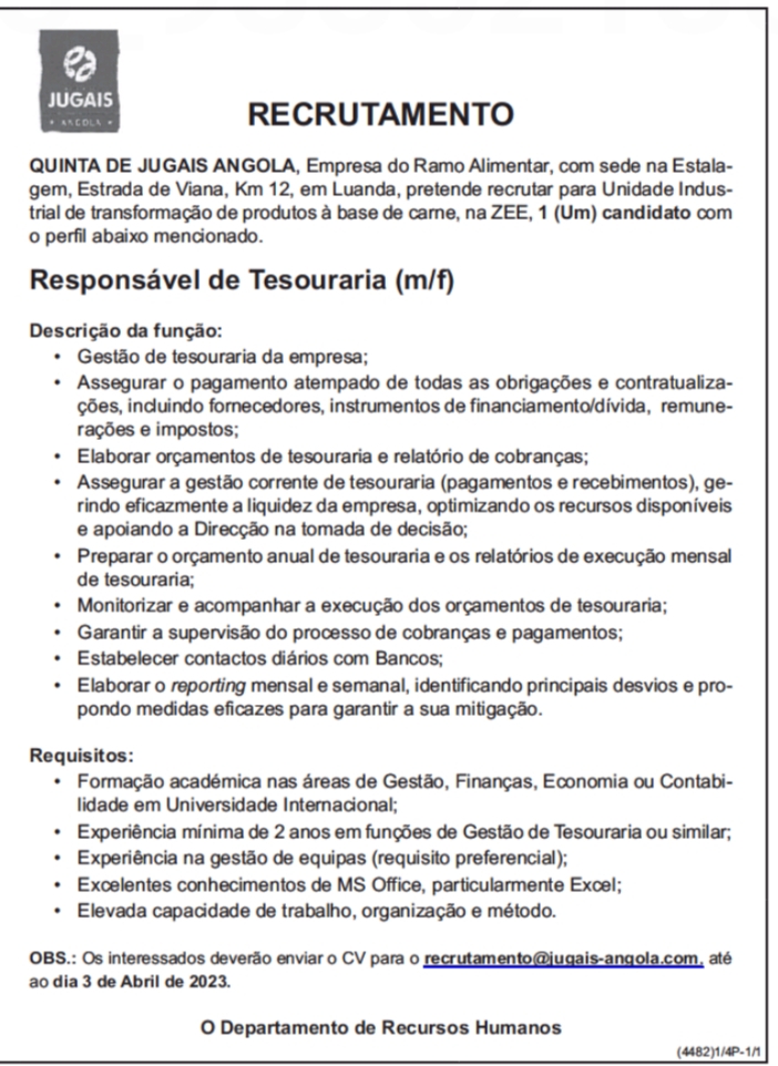 Vaga para um (1) Responsável de Tesouraria (m/f) 