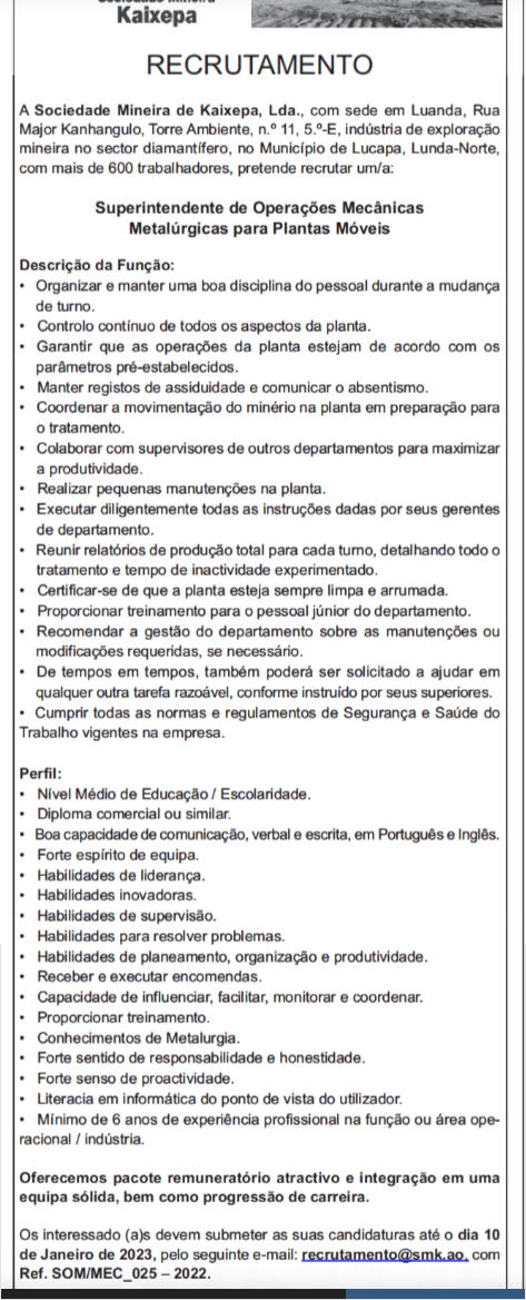 Vaga para Superintendente de Operações Mecânicas Metalúrgicas para Plantas Móveis 