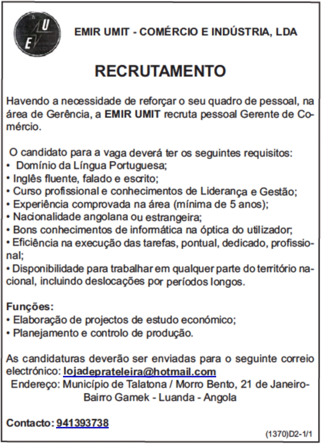 Vaga para Gerente de Comércio