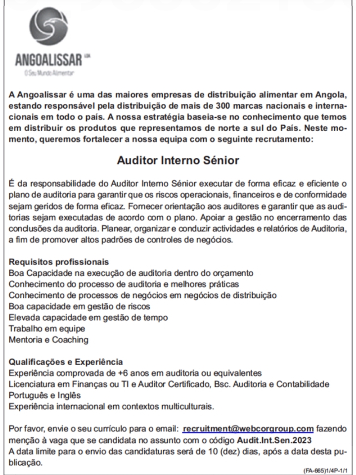 Vaga para Auditor Interno Sénior