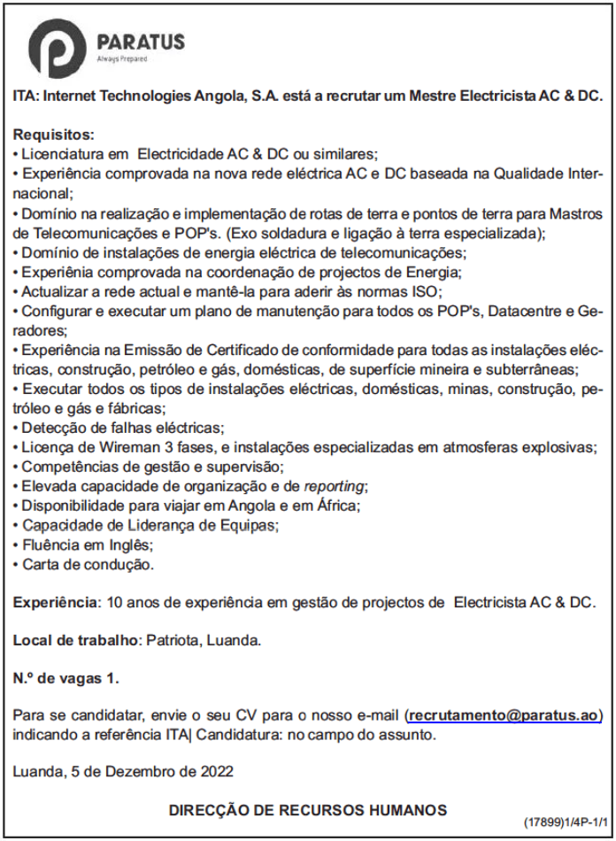 UMA (1) VAGA DISPONÍVEL PARA MESTRE ELECTRICISTA  AC & DC
